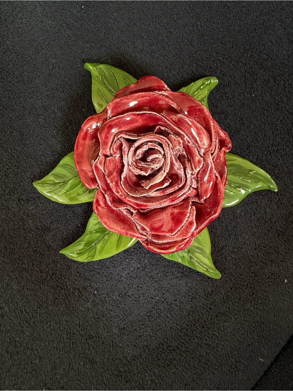 Red Ceramic Rose pin brooch with Green Leaves